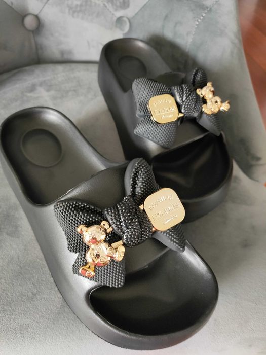 Klapki sandały na platformie złote misie złoto czarne 40 41