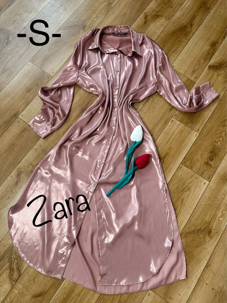 Zjawiskowa sukienka Zara, midi, brudny róż błyszcząca, S
