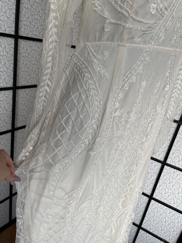 sukienka koronkowa maxi tren 42 xl asos luxe ażurowa haft cekinowa