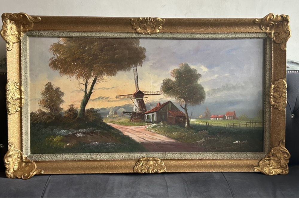 Obraz olejny „Wiatrak i wiejska droga” – sygnowany przez Benoit