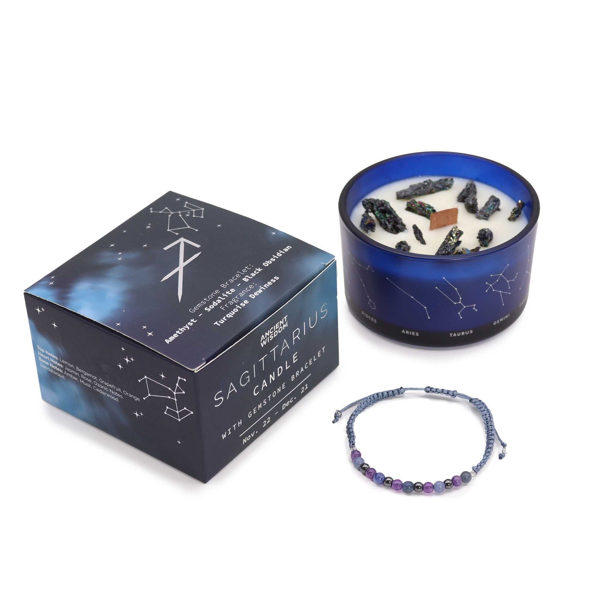 Velas de Cristal do Zodíaco com Pulseiras de Pedras Preciosas