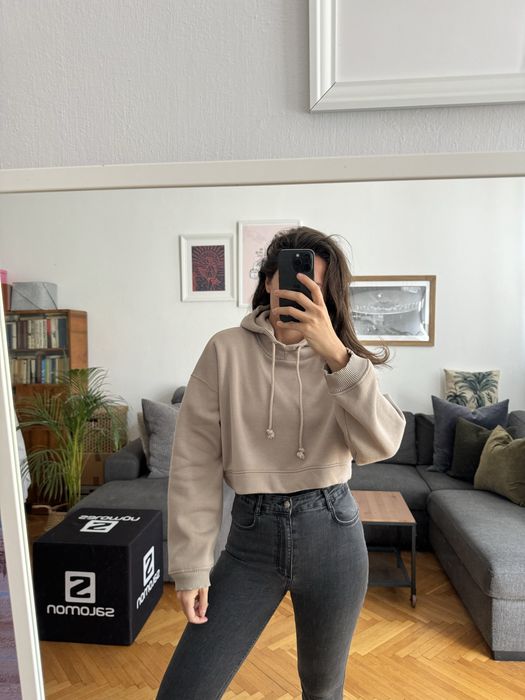 ZARA Bluza z kapturem, cropped, beżowa, roz. L