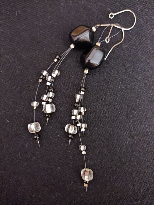Kolczyki handmade szklane czarne przezroczyste Węgielki i Łezki