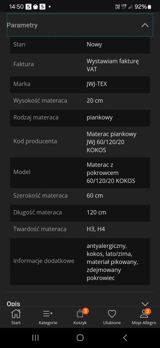 Materac 60/120, zupełnie nowy! Zero śladow użytkowania