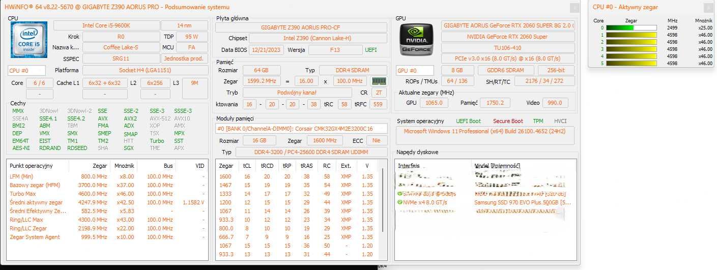 Zestaw komputerowy: Intel Core i5-9600k + 64gb ram + 2060 super