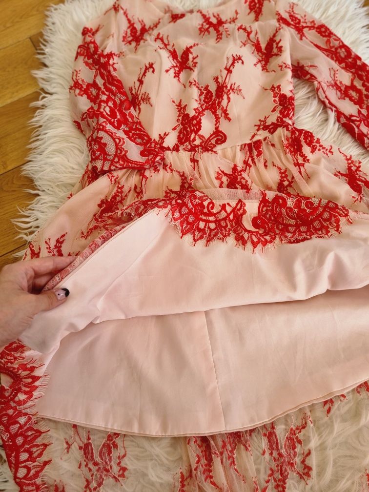 S 36 piękna różowa sukienka na wesele komunie haft koronka