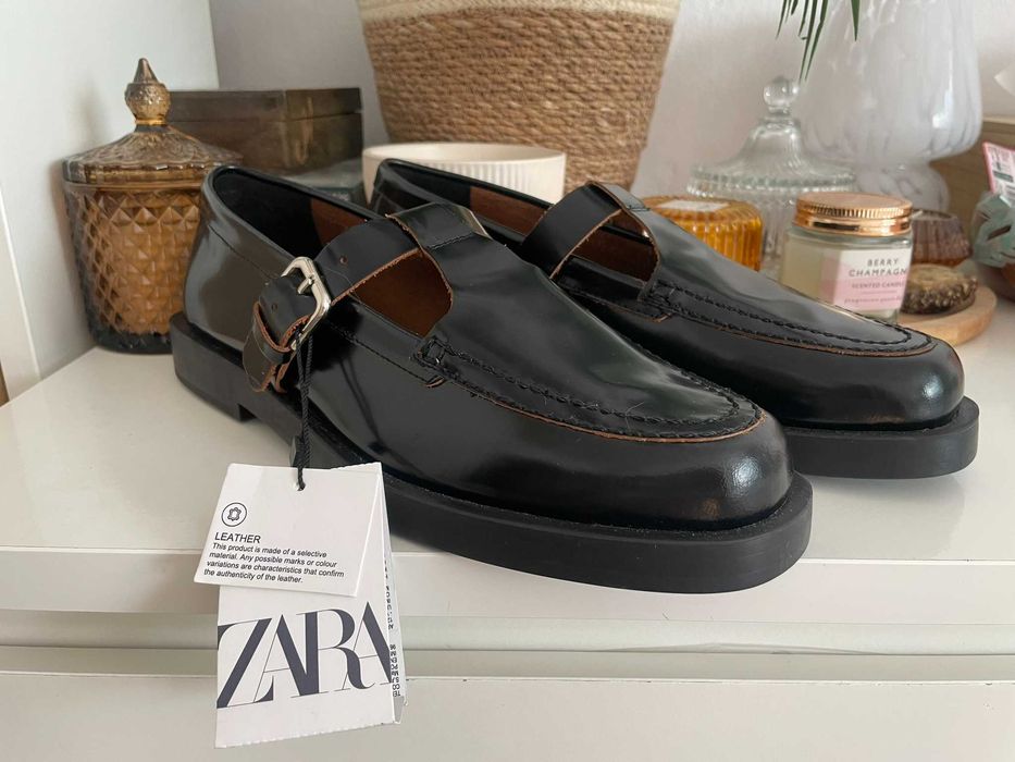 Zara mokasyny czarne skórzane skóra naturalna lakierowane klamry 40 26