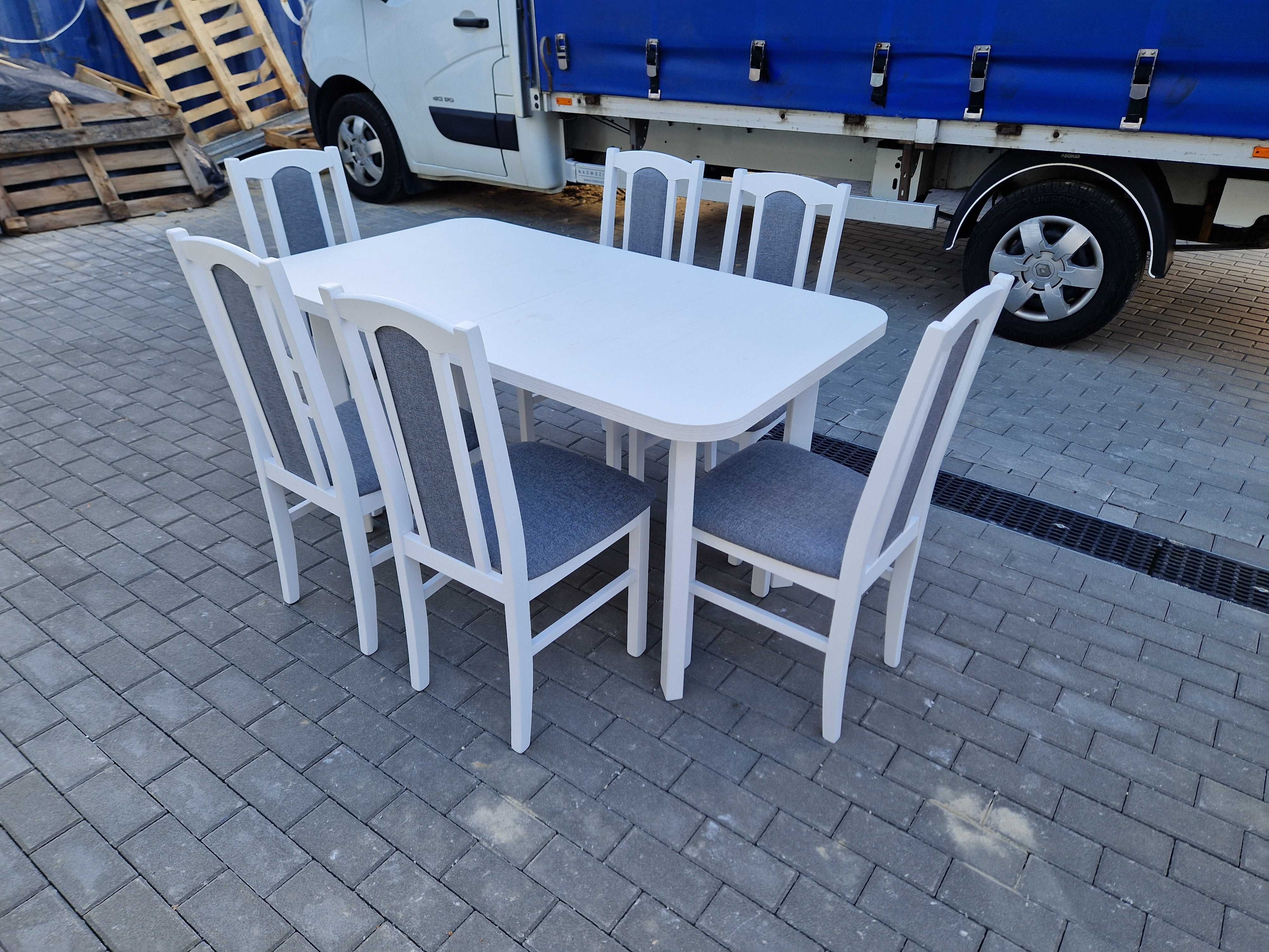 Stół 80x140-180 + 6 krzeseł,  biały+szary, nowe-od ręki, dostawa PL