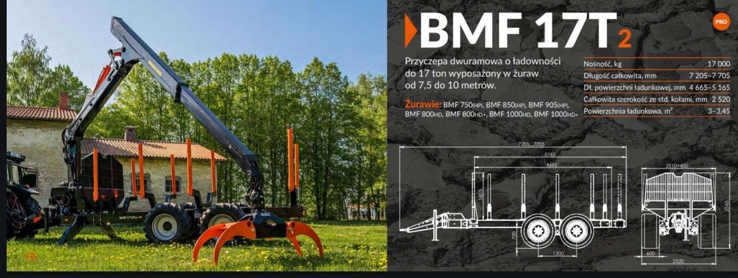 Przyczepa Leśna BMF 17T2 PRO Żuraw 10m LS 1000HD+ Napęd Black Bruin  !