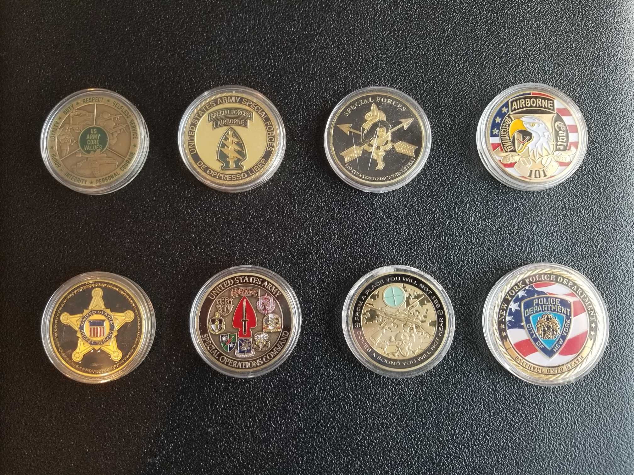 Coleção de 7 moedas/medalha das tropas especiais americanas +1- NYPD ,