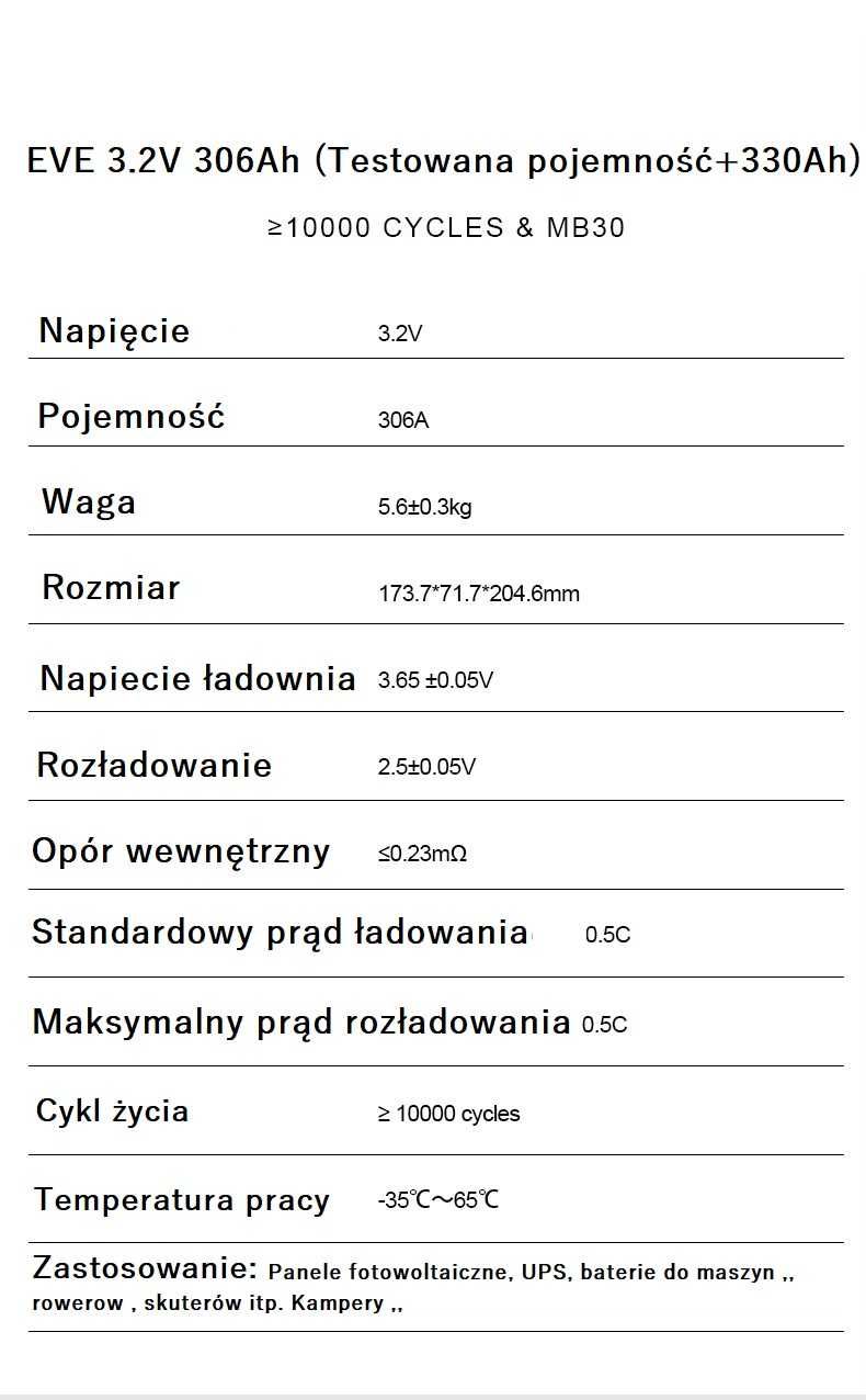 Akumulator, ogniwo EVE MB30 306AH Grade A  LiFePO4 komplet 16 szt.