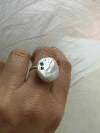 pierścionek perła barokowa z topazem i rubinem