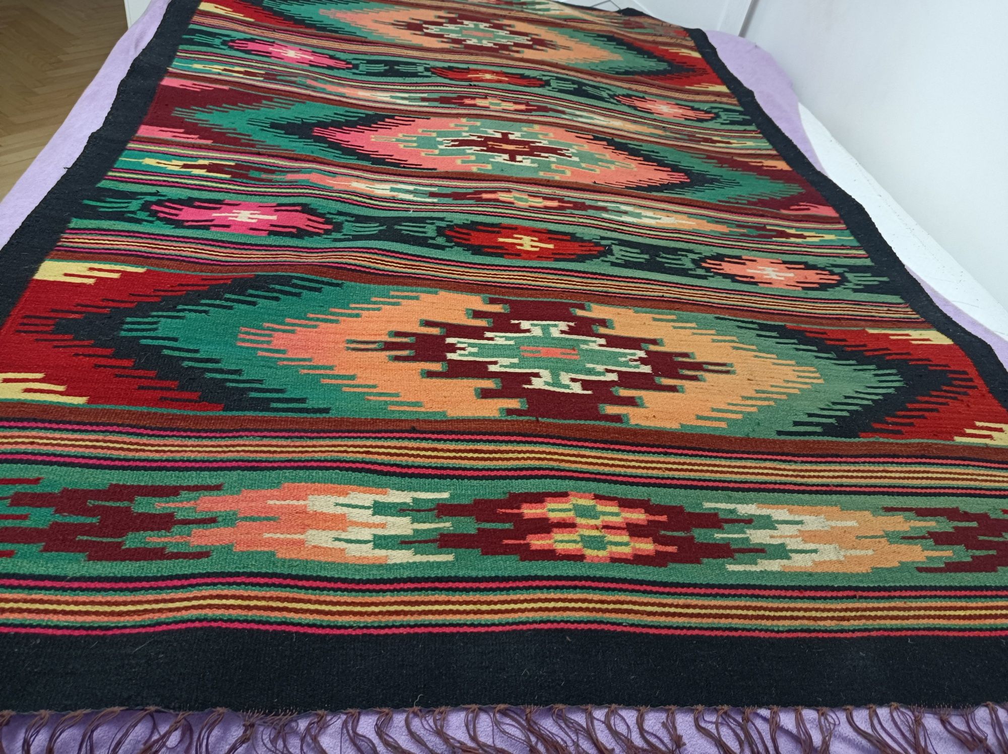 Huculski wełniany kilim.Etno ,folk.Rękodzieło.Antyk.