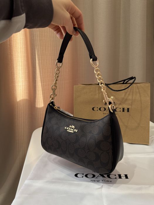 Сумочка Coach Teri коричнева шкіряна чорна сумка на ланцюжку коуч коач