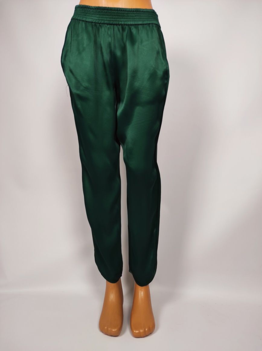 Zielone błyszczace spodnie typu haremki z gumką w talii Zara S 36