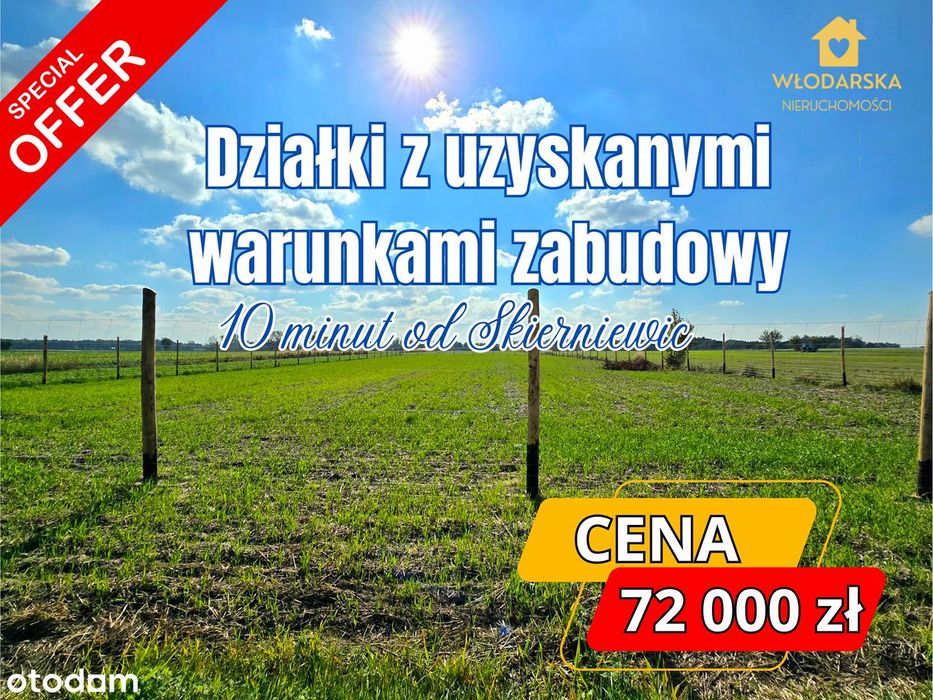 Działka budowlana 900 m2 z uzyskanymi WZ, 10 min. od Skierniewic