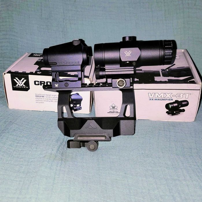 Комплект для АК: планка + приціл Vortex Crossfire + магніфайер VMX-3T