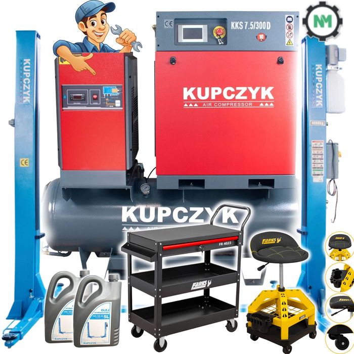 Podnośnik Dwukolumnowy 4T Kupczyk Automat plus Śrubowy kompresor 300L