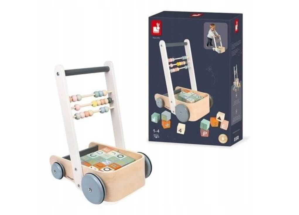 JANOD Wózek pchacz drewniany z 20 klockami.