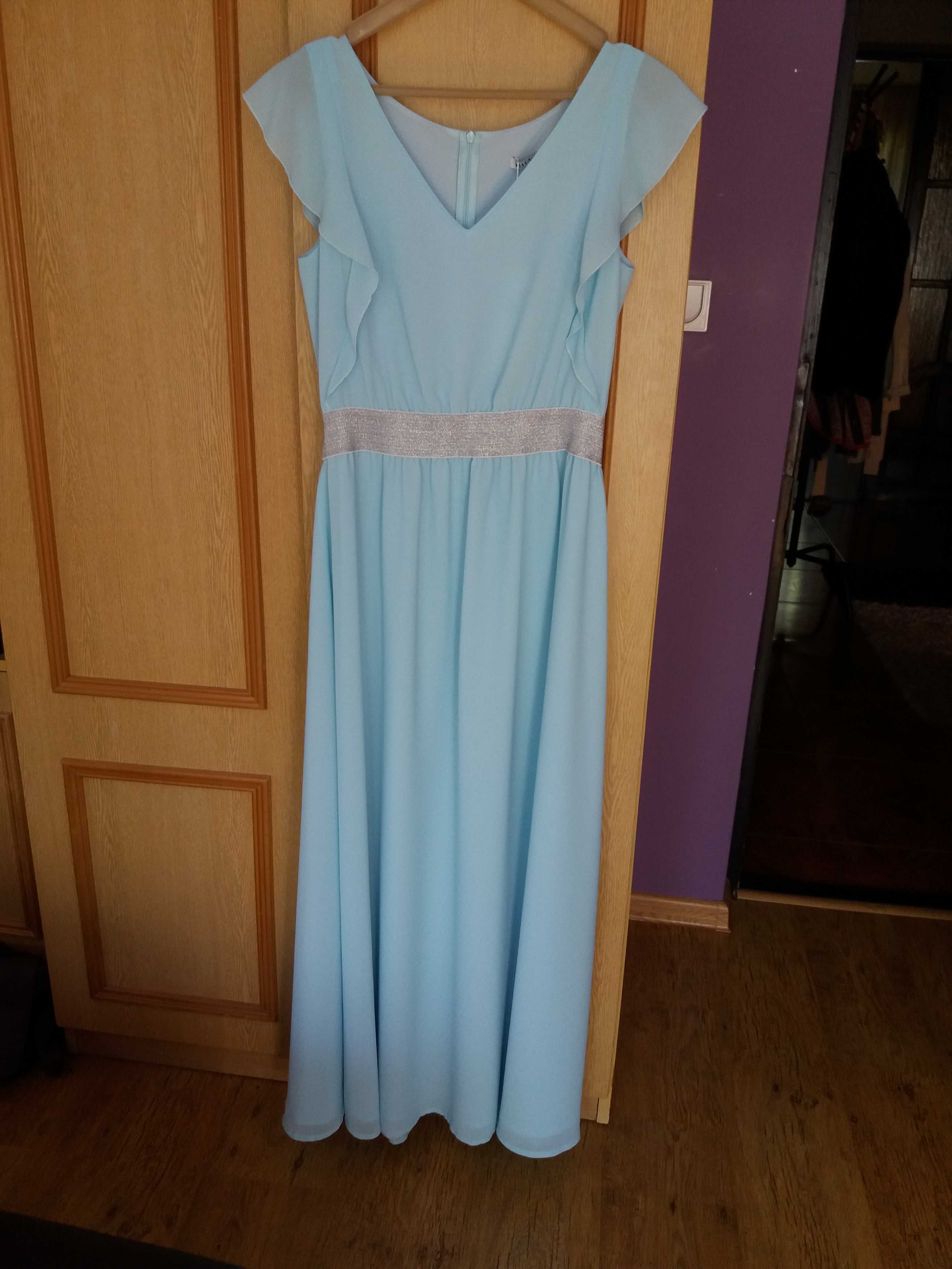 Sukienka długa z żorżety w kolorze jasnoniebieskim, rozmiar 38