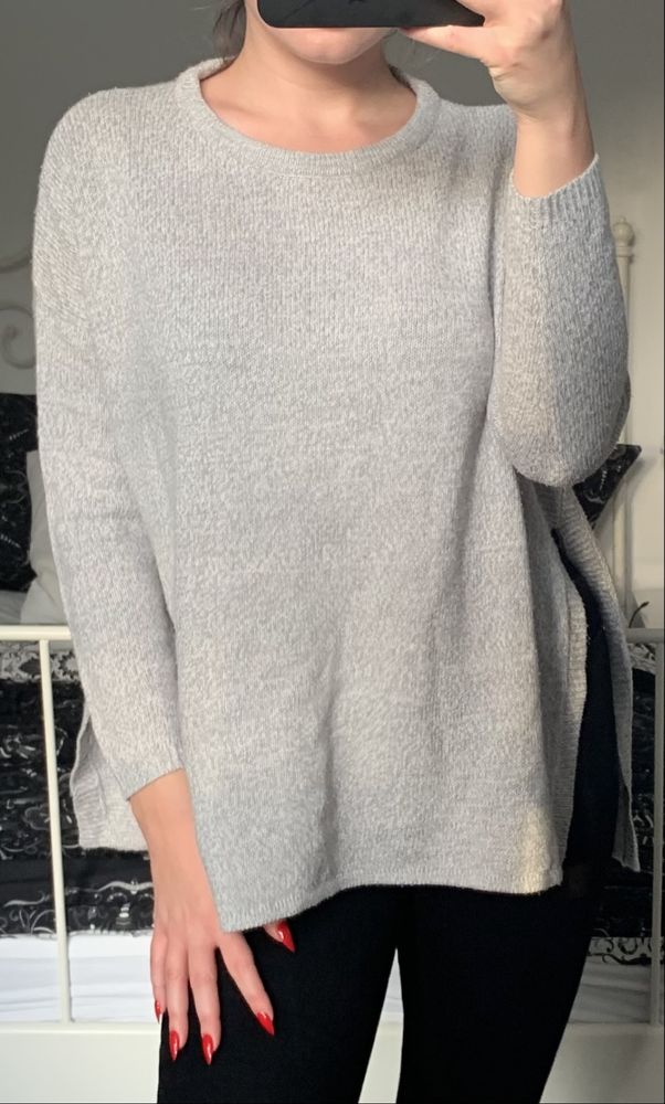 Szary sweter oversize z rozcięciami 36 S 38 M H&M