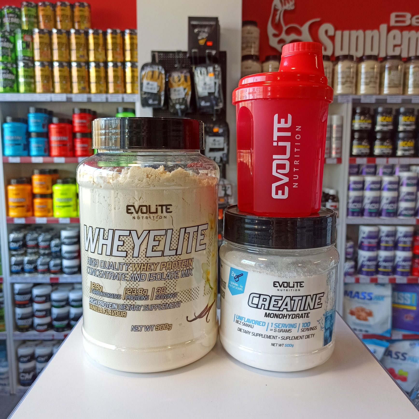 ZESTAW Odżywek Evolite Białko 900g Kreatyna 500g Shaker, Odżywki Sklep