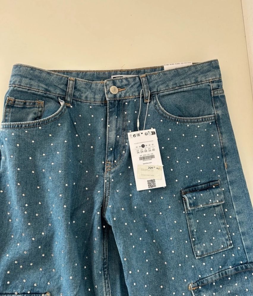 Spodnie jeansy dżinsy z cyrkoniami kryształkami baggy szerokie