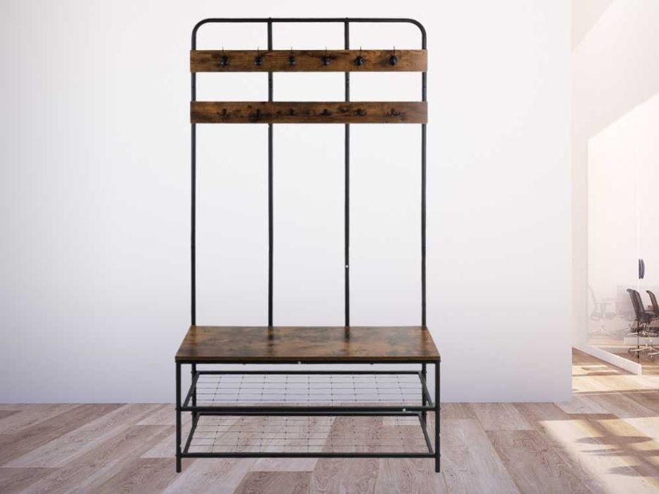 Regał Stojący Organizer z Wieszakiem Trzy Półki Siedzisko Ławka 186cm