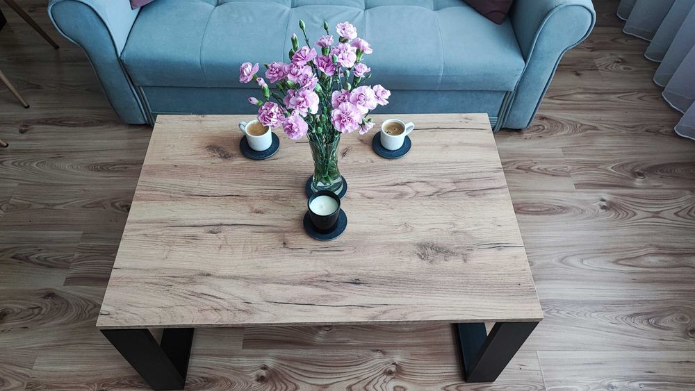 Stolik kawowy Loft 90x60cm czarna stal z blatem w kolorze złotego dębu