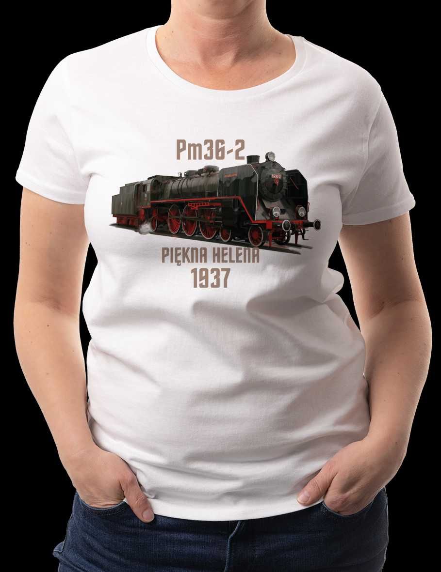 Koszulka Damska Biała z Lokomotywą Pm36-2  T-shirt rozmiar 2XL