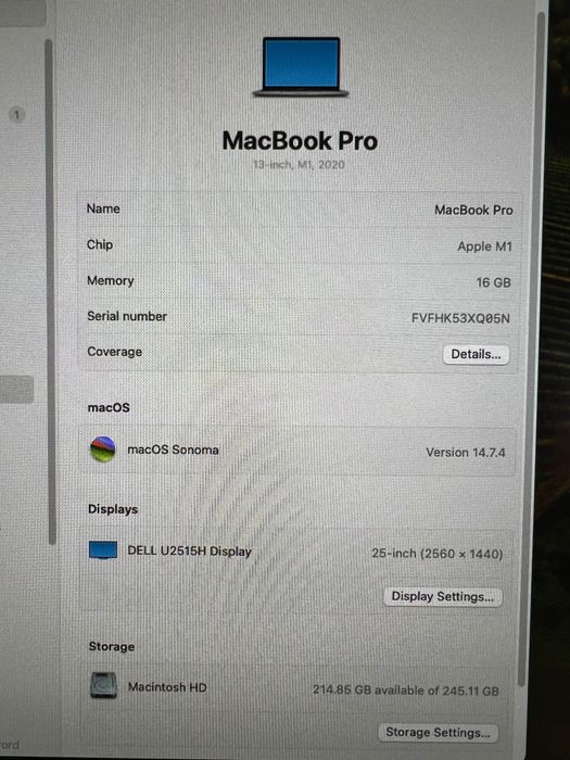 MacBook Pro 13’ 2020 A2338 M1/16GB/256GB - MDM на запчастини