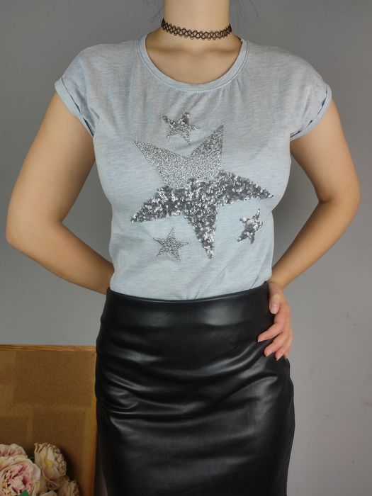 Błękitna koszulka na lato bluzka t-shirt w gwiazdki bawełniana bawełna