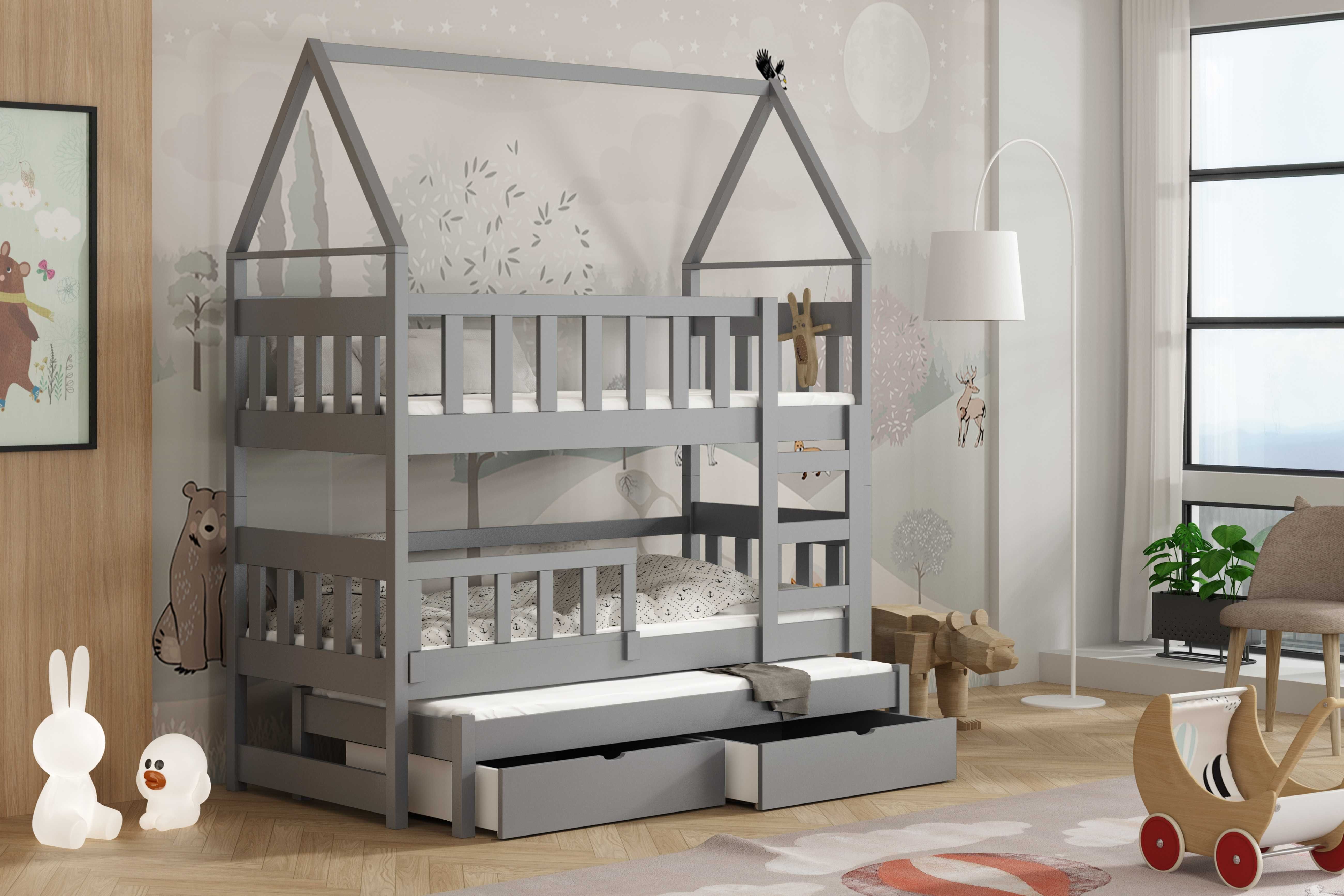 Sosnowe łóżko piętrowe dla 3 dzieci OLA domek