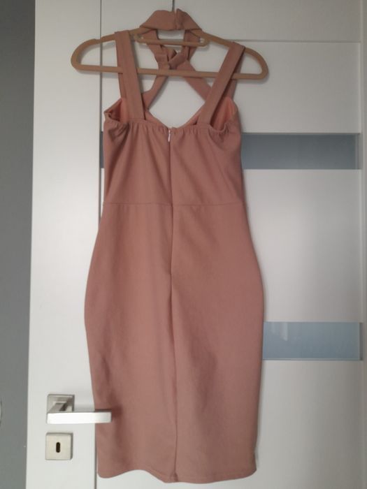 Imprezowa sukienka wesele ślub chrzest panieński okazja pudrowa