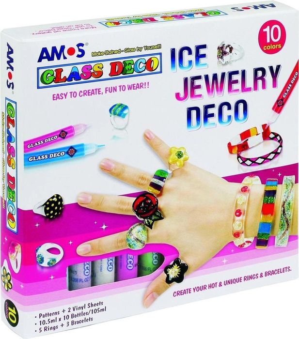Farby witrażowe Glass Deco 10 kol.+biżuteria AMOS Amos pudełko,