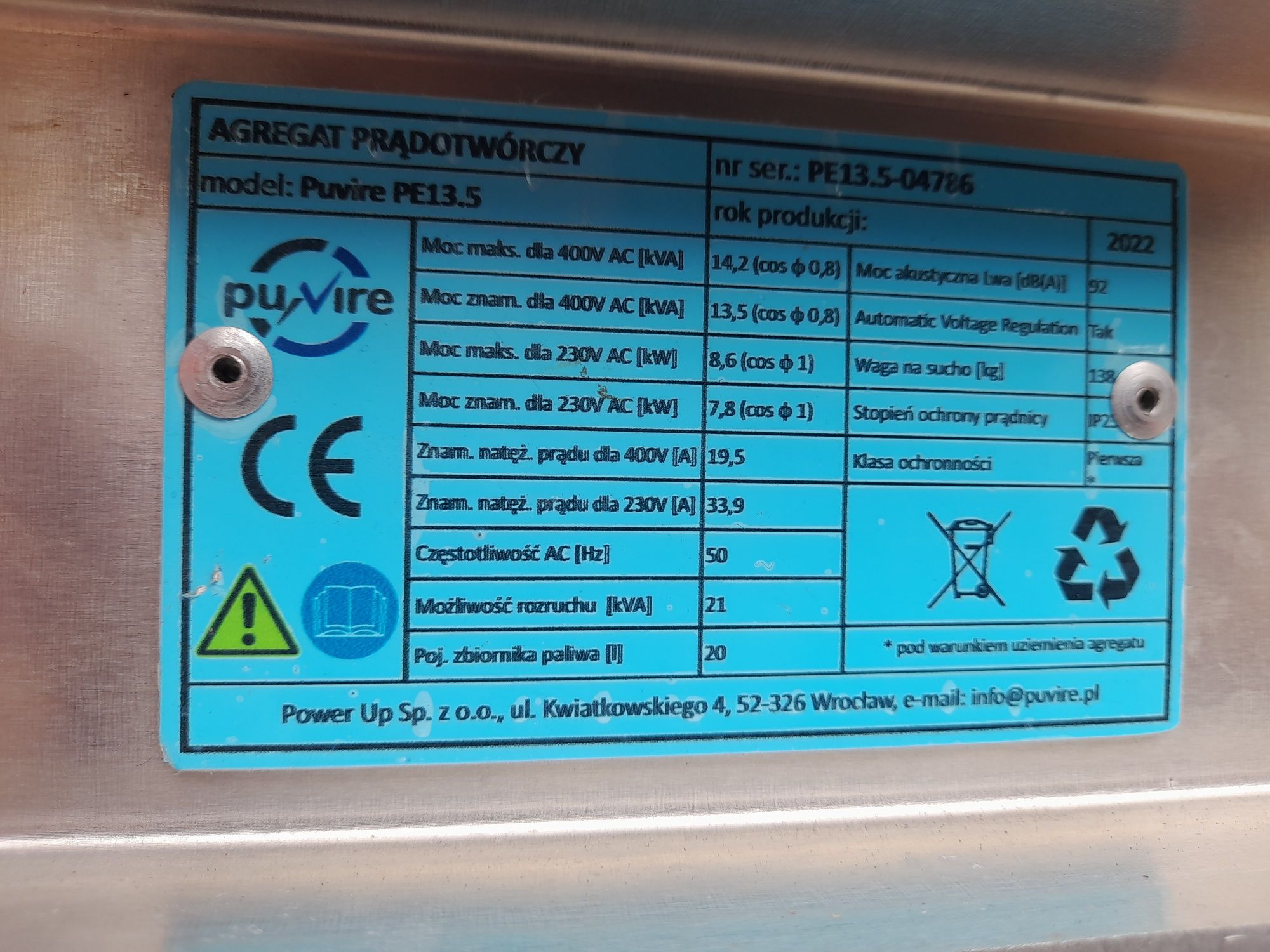 Agregat prądotwórczy 13,5kW 3-fazy. Puvire PE13.5