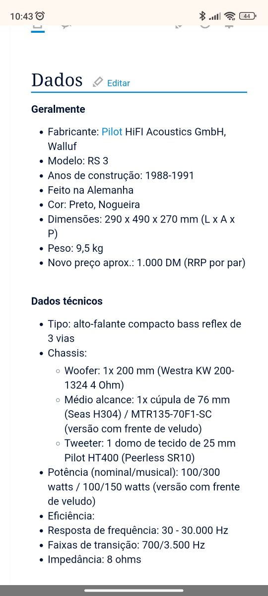 Colunas Pilot RS3 (Seas, Peerless SR 10)