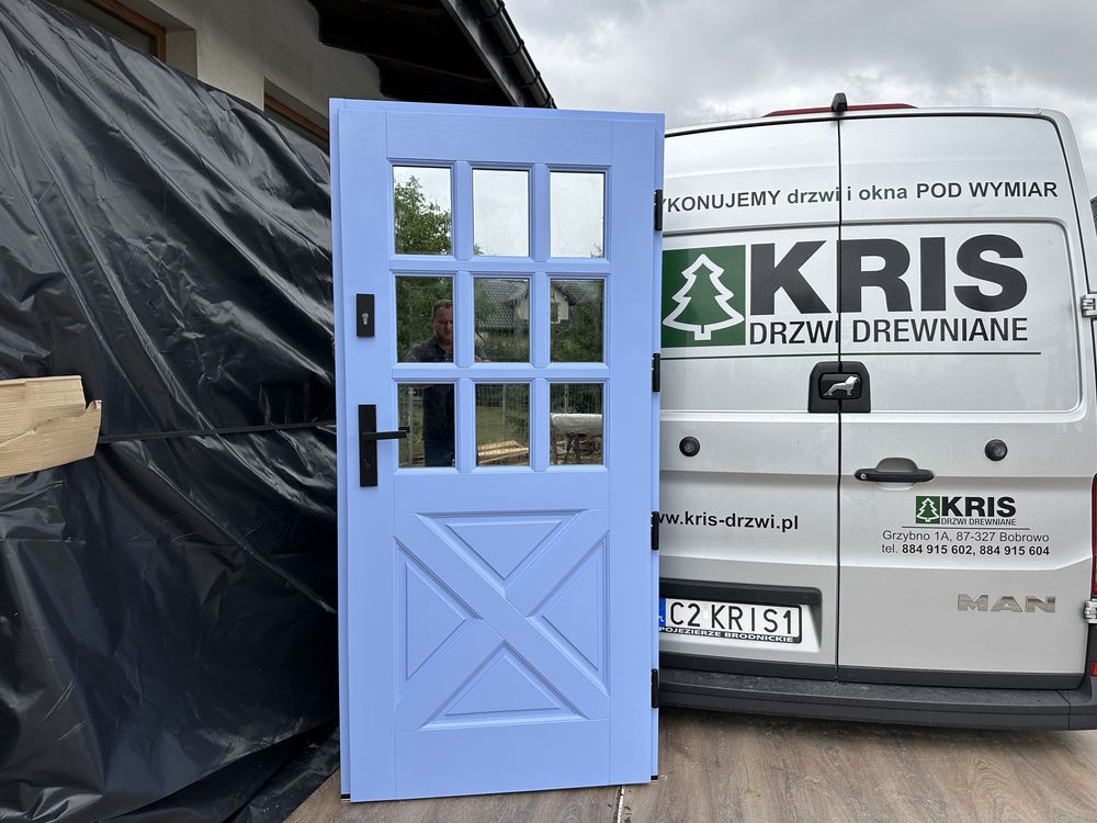 Drzwi zewnętrzne drewniane Amerykańskie  Niebieskie MONTAŻ CAŁA POLSKA