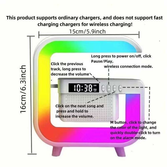 Універсальна бездротова лампа-колонка з будильником, RGB
