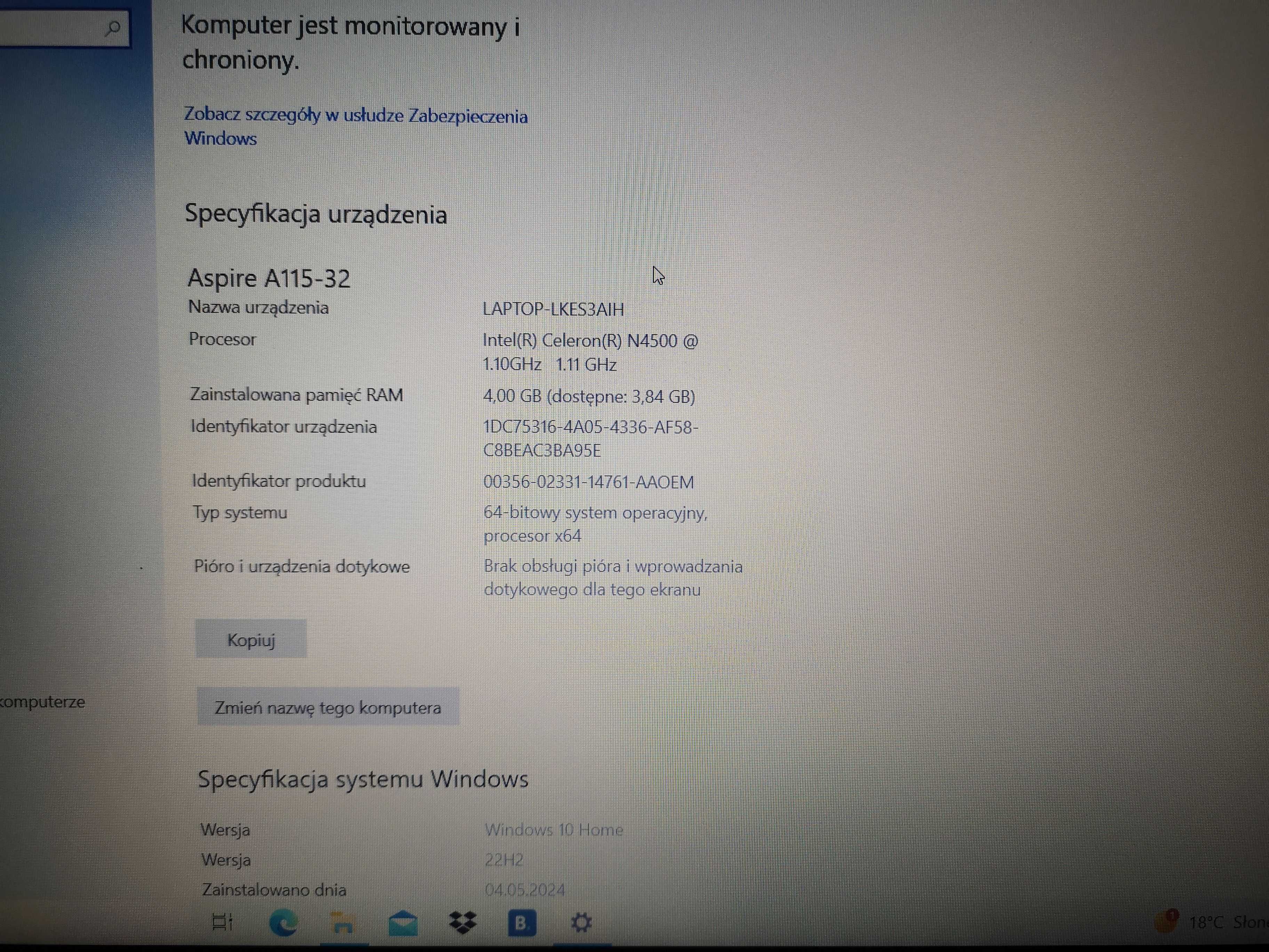 Laptop Acer Aspire 1  4 GB/ 64 SSD/MMC GB Windows 10 Jak Nowy z 2021