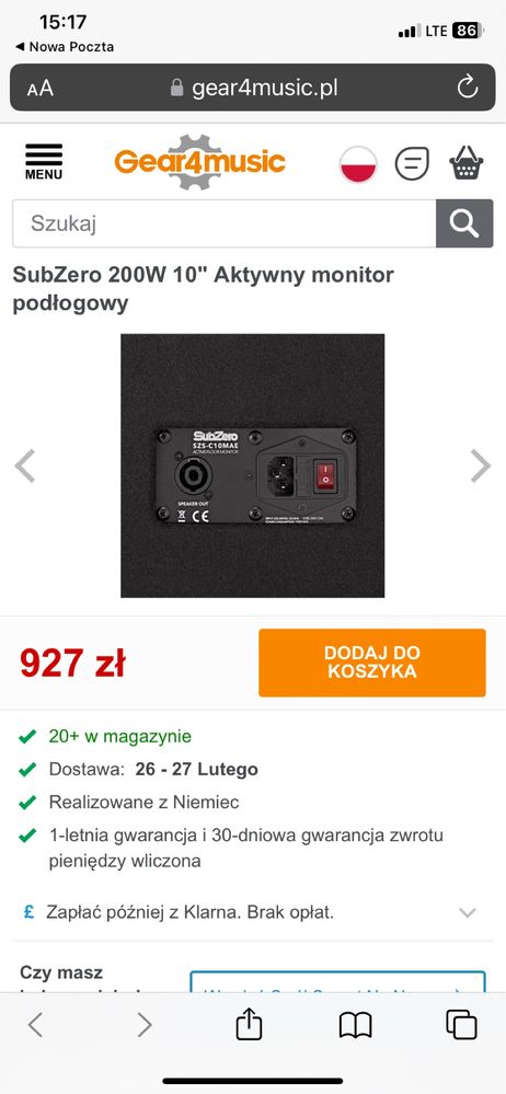 Monitor podłogowy odsłuch Sub Zero