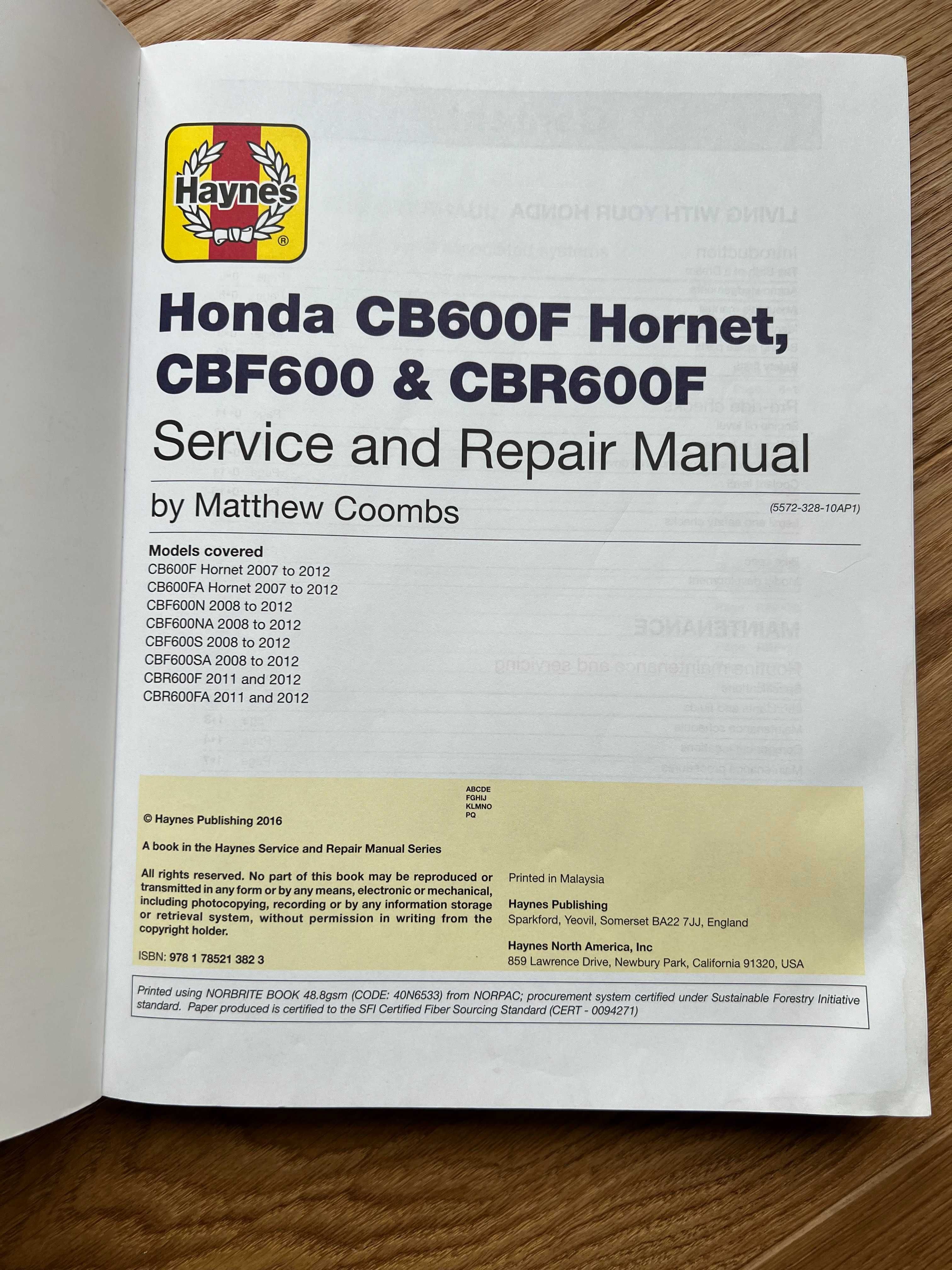 Haynes Service Repair Manual Honda CB600F napraw sam Hornet serwis