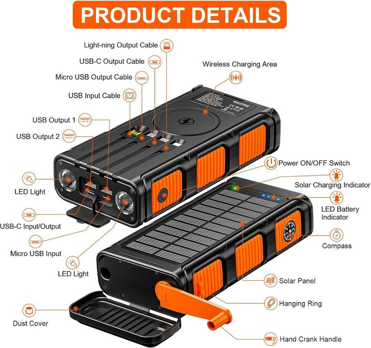 Powerbank solnarny 26800 mAh z 4 kablami WASTDE 7w1