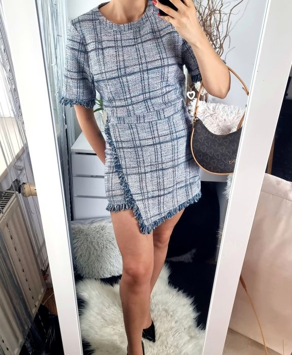 Pull&Bear Zestaw komplet Bluzka + spódnica damska frędzelki krata