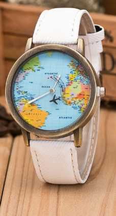 Наручные часы с картой мира и летающим самолетом 4см Крепкий ремешок!