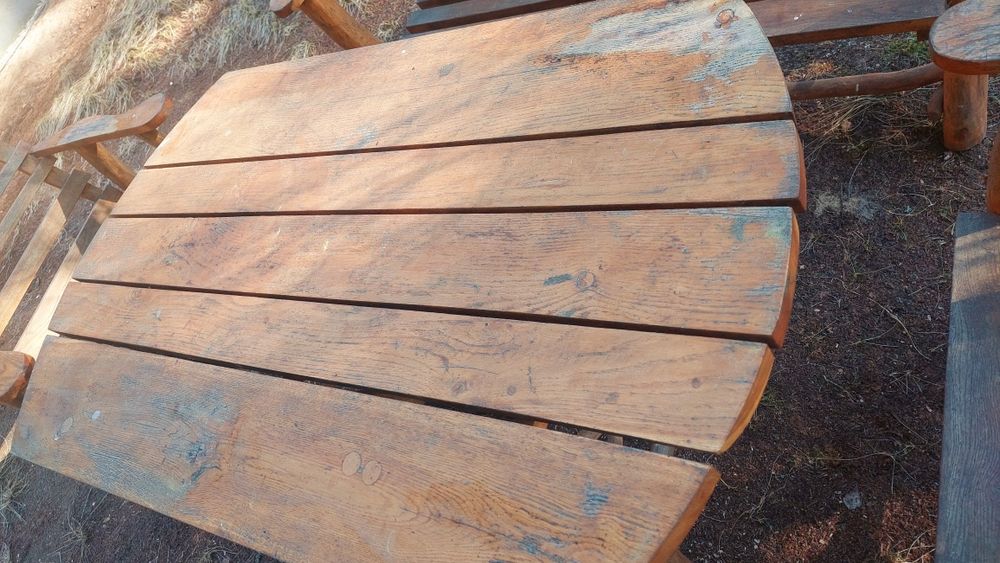 Zestaw tarasowy ogrodowy dębowy stół ławy - sofy fotele