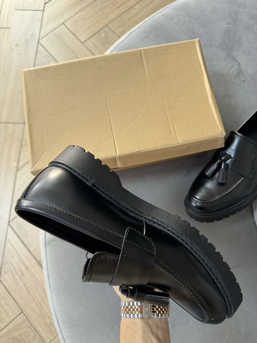 Oryginalne Skórzane Półbuty Damskie Zign Wsuwane Czarne na Platformie