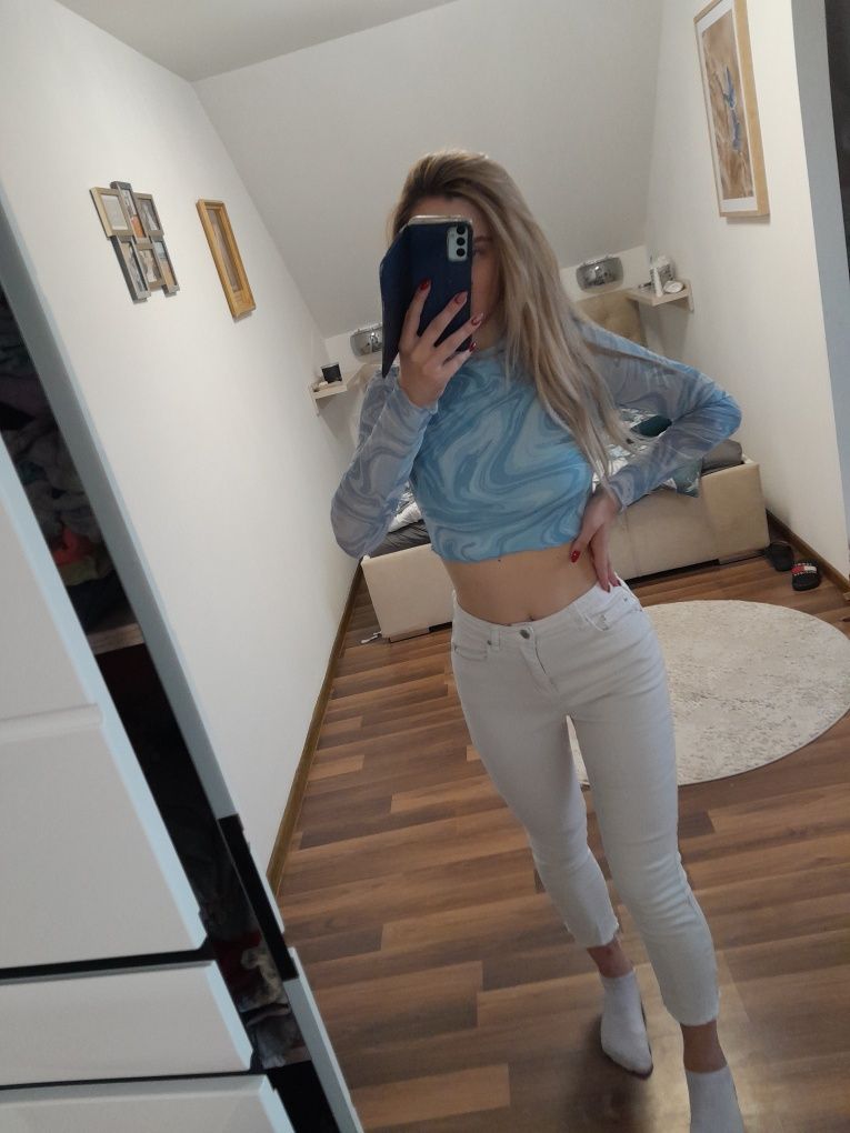 Bluzka mgielka niebieska crip top elegancka siatka xs s
