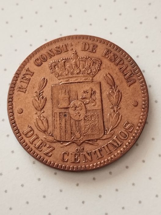 Moeda de 10 Cêntimos 1877 de Espanha em Bronze, pouco circulada