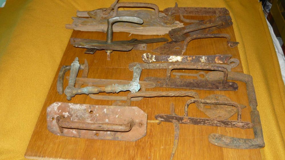 Skobel Zestaw zamek klamka mosiężna uchwyt rączka stara kowalska